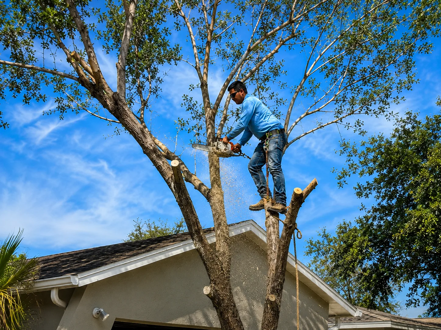 OP Tree Services worker performing residential tree trimming in Central Florida
